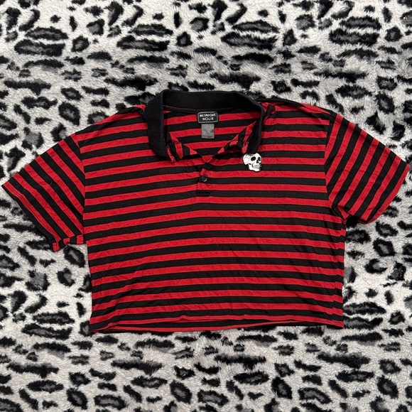 Midnight Hour Tops - Striped Red and Black Crop Top with Skull Accent